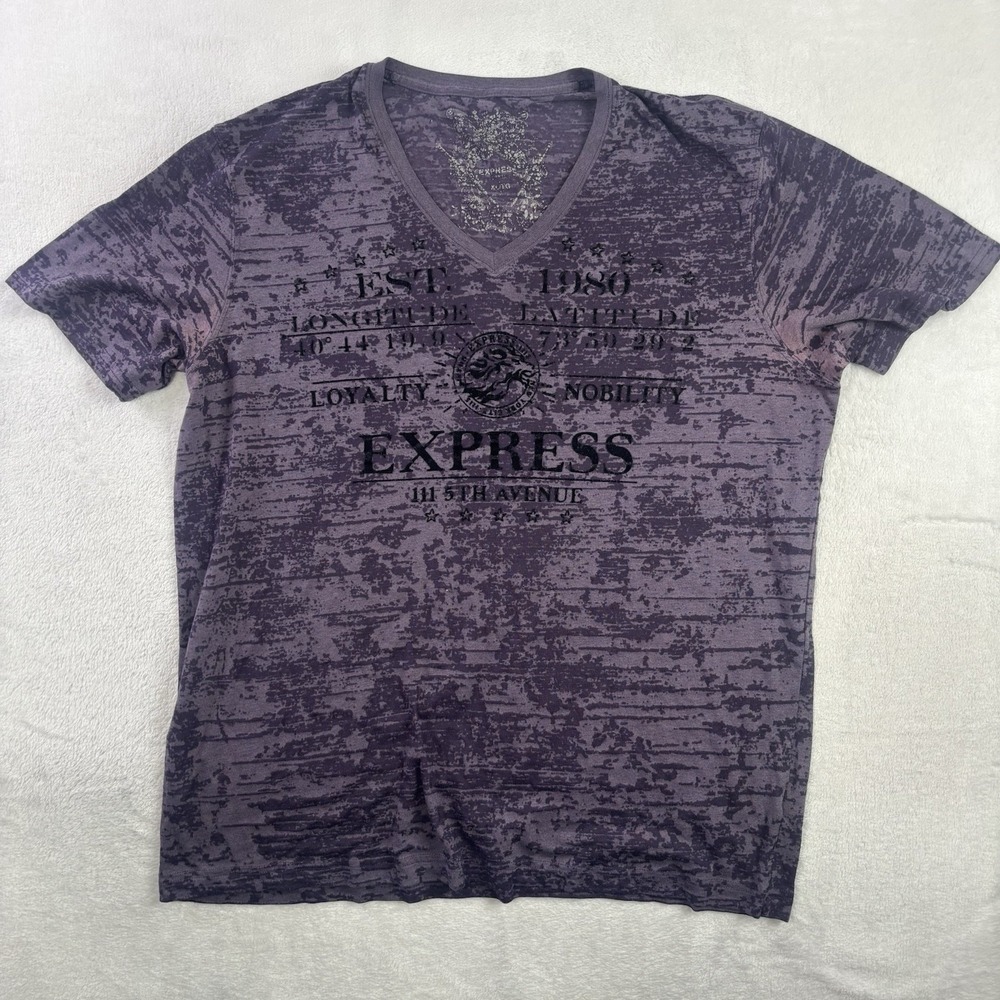 Y2K Express V-Neck Short Sleeve Grunge Graphic Purple Shirt Women's XL